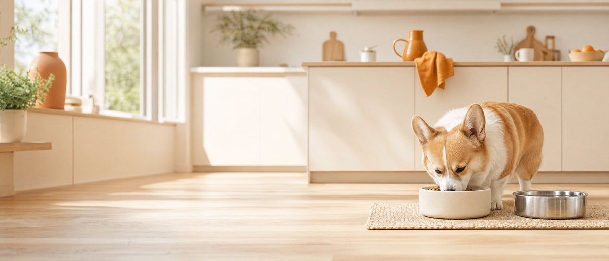 Pembroke Welsh Corgi eating from a ceramic bowl beside a steel water bowl in a bright cream kitchen