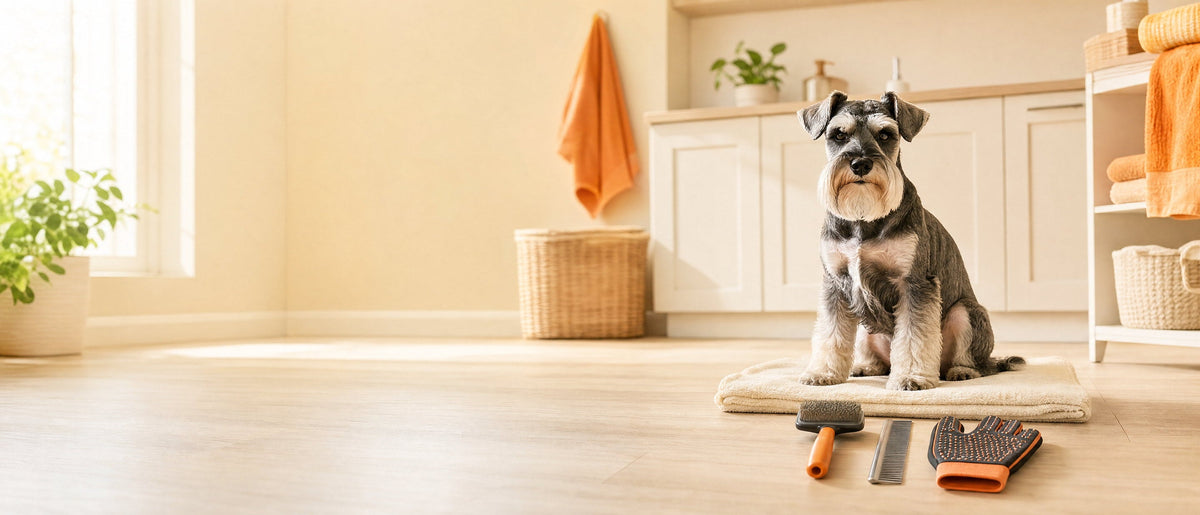 Miniature Schnauzer sitting on a folded towel beside a brush, comb and grooming glove in a bright cream utility room