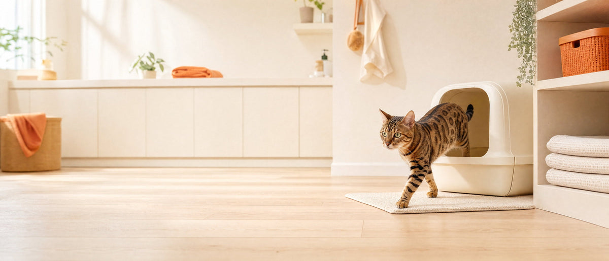 Bengal cat stepping out of a cream covered litter box in a bright utility corner with folded pads on a shelf