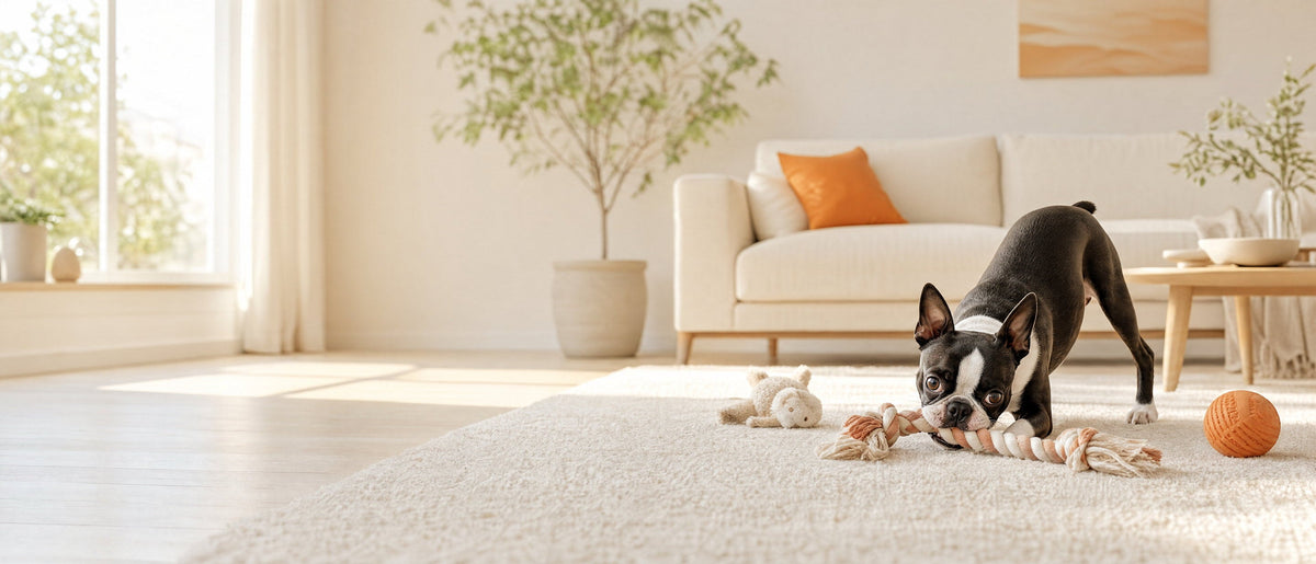 Boston Terrier playing with a rope toy on a cream rug beside an orange ball, in a bright living room