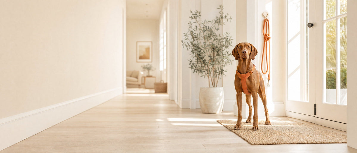 Vizsla in a padded harness standing on a doormat by a glazed door, an orange lead on the wall hook behind