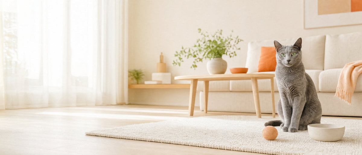 Russian Blue cat sitting upright on a pale rug in a bright cream living room with an orange cushion on the sofa