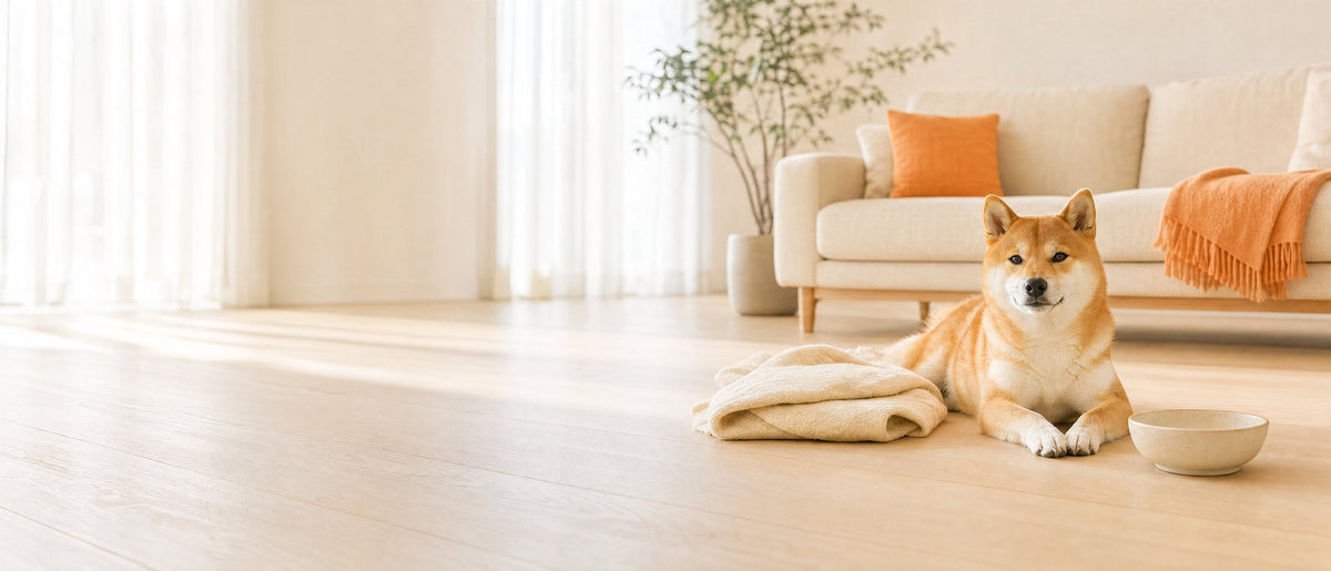 Shiba Inu resting on a light oak floor in a bright cream living room, with an orange throw over the sofa and a ceramic bowl nearby
