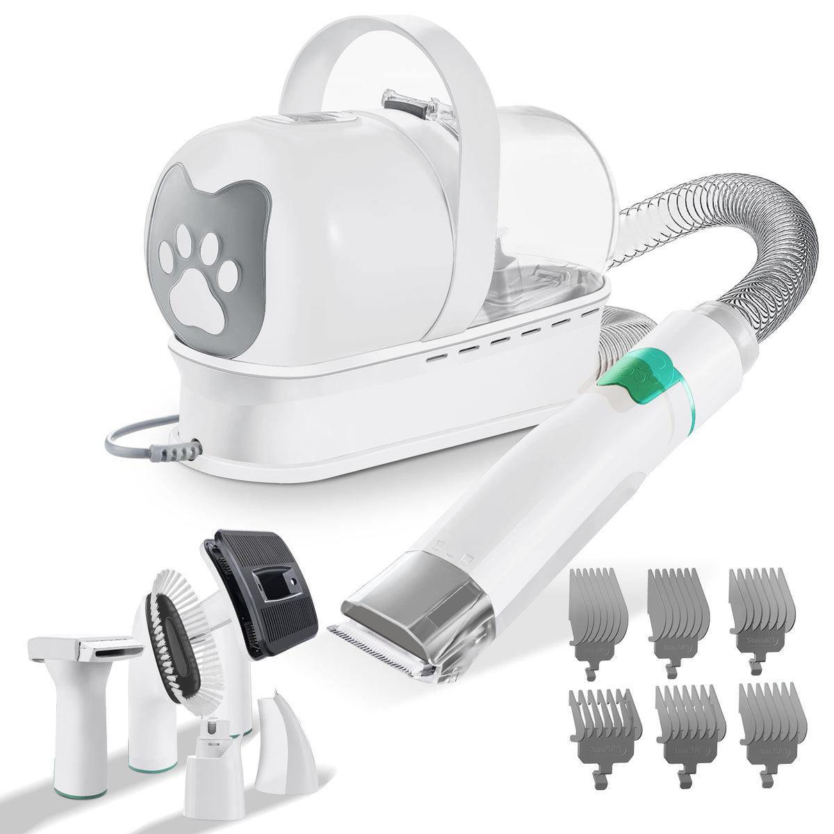 The grooming vacuum laid out with the clipper, brush heads, nozzle and guide combs