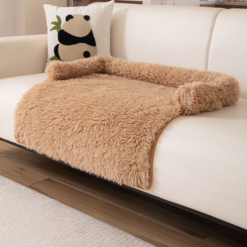 Plush Couch Pet Bed with Bolster — Long Plush, Coffee