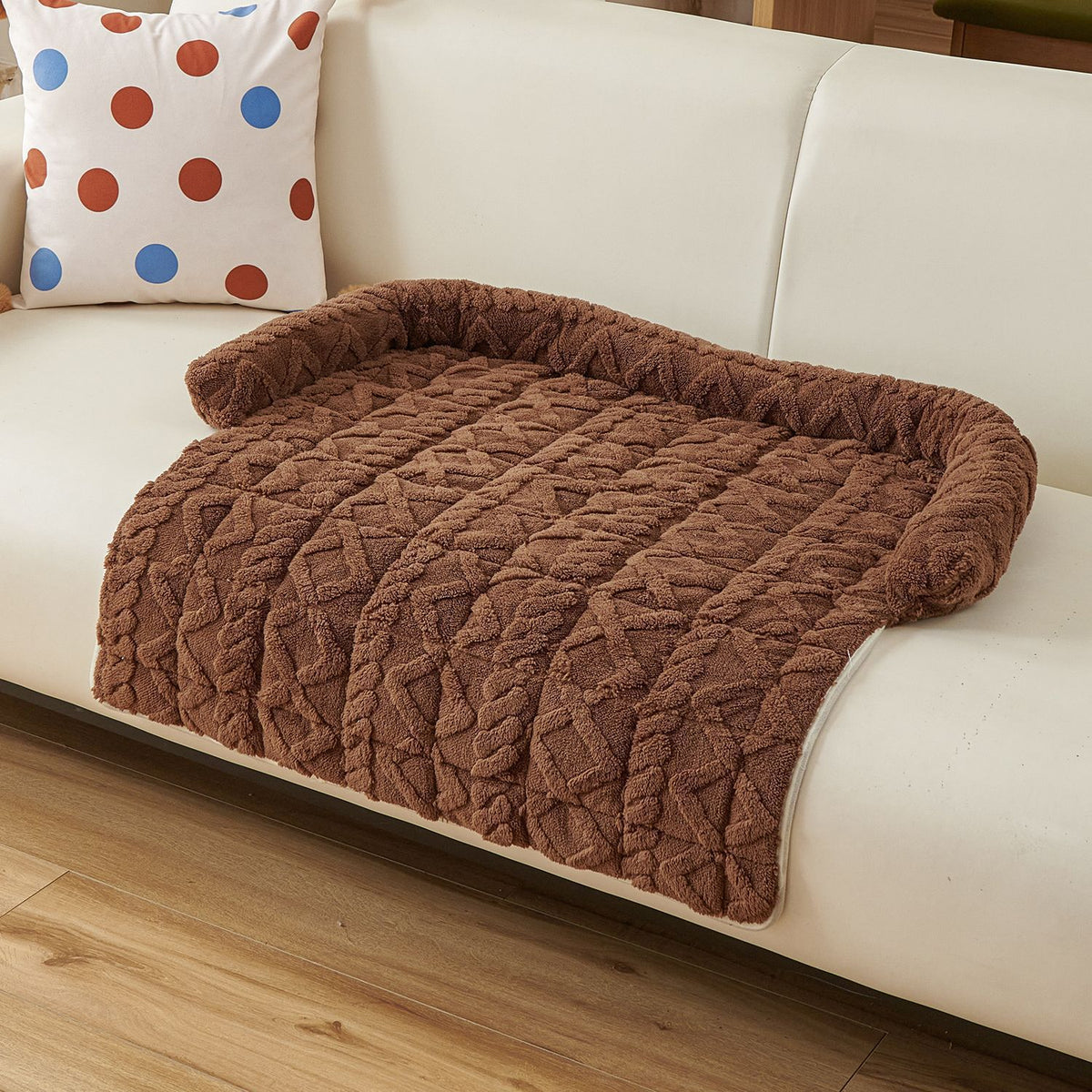 Plush Couch Pet Bed with Bolster — Twist Knit, Brown