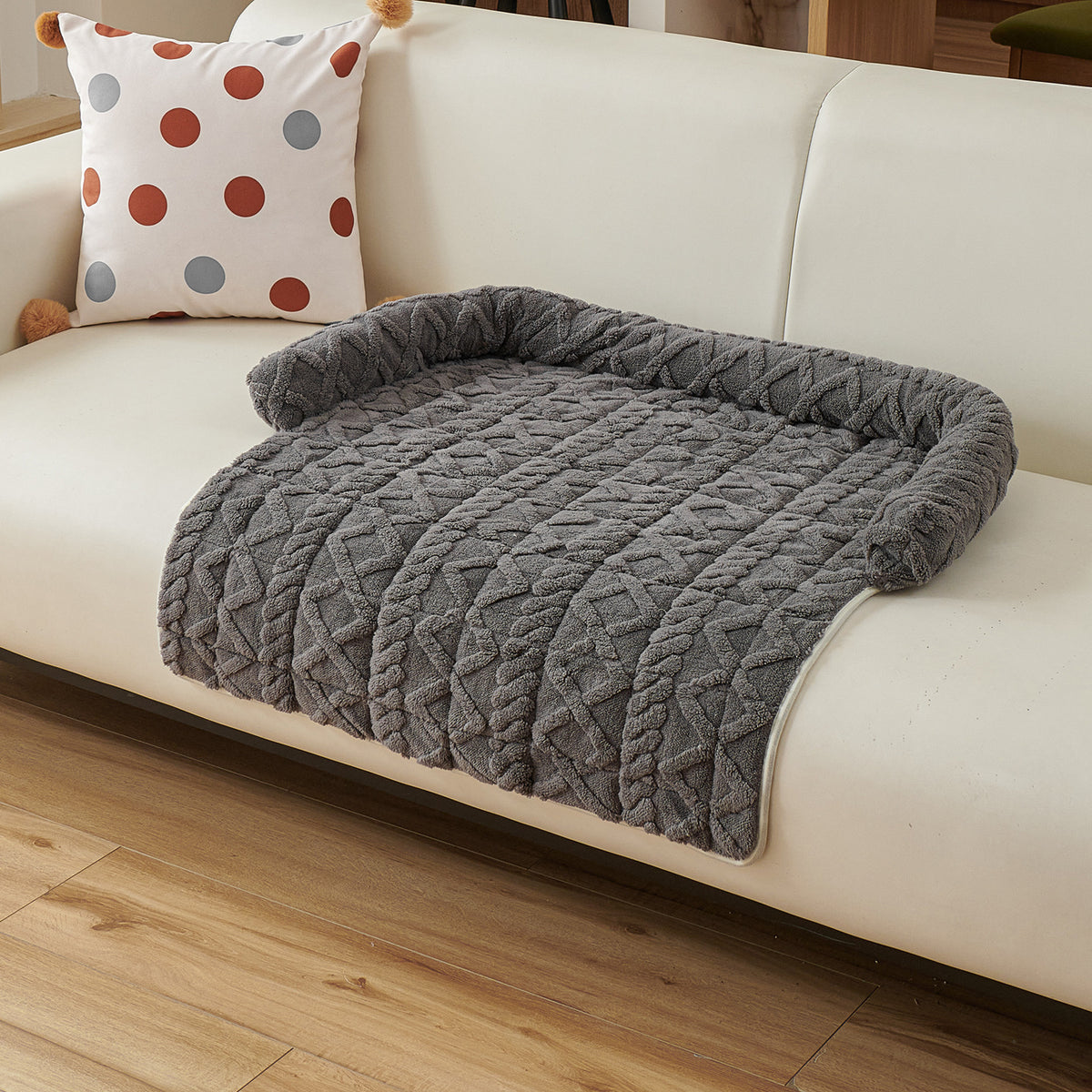 Plush Couch Pet Bed with Bolster — Twist Knit, Dark Gray
