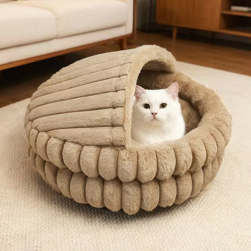 Hooded Plush Cat Cave Bed shown in a home setting (view 4)