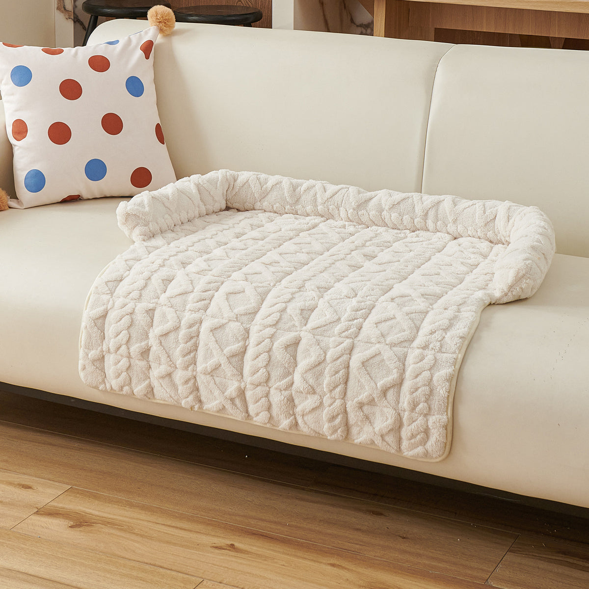 Plush Couch Pet Bed with Bolster — Twist Knit, Off-White