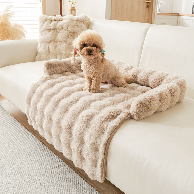 Plush Couch Pet Bed with Bolster — Faux Fur, Brown