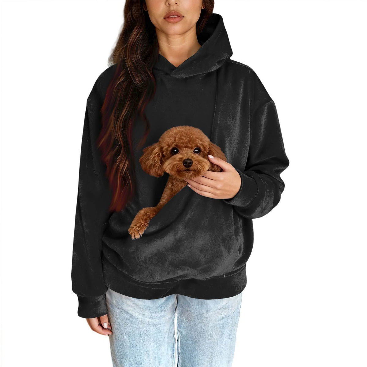 Men Women Pure Color Long Sleeve Hooded Sweatshirt with Pet Pocket in Black