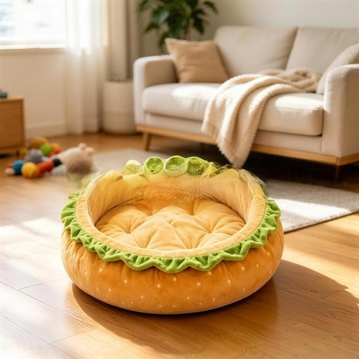 Burger Plush Pet Bed shown in a home setting (view 2)