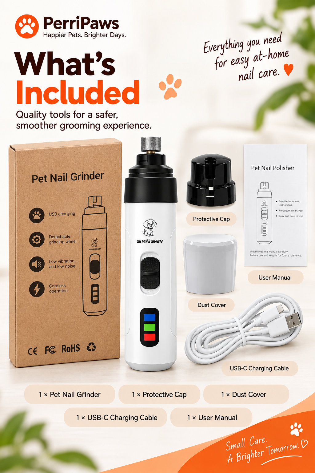 Flat lay of the boxed nail grinder with the protective cap, dust cover, USB-C cable and manual