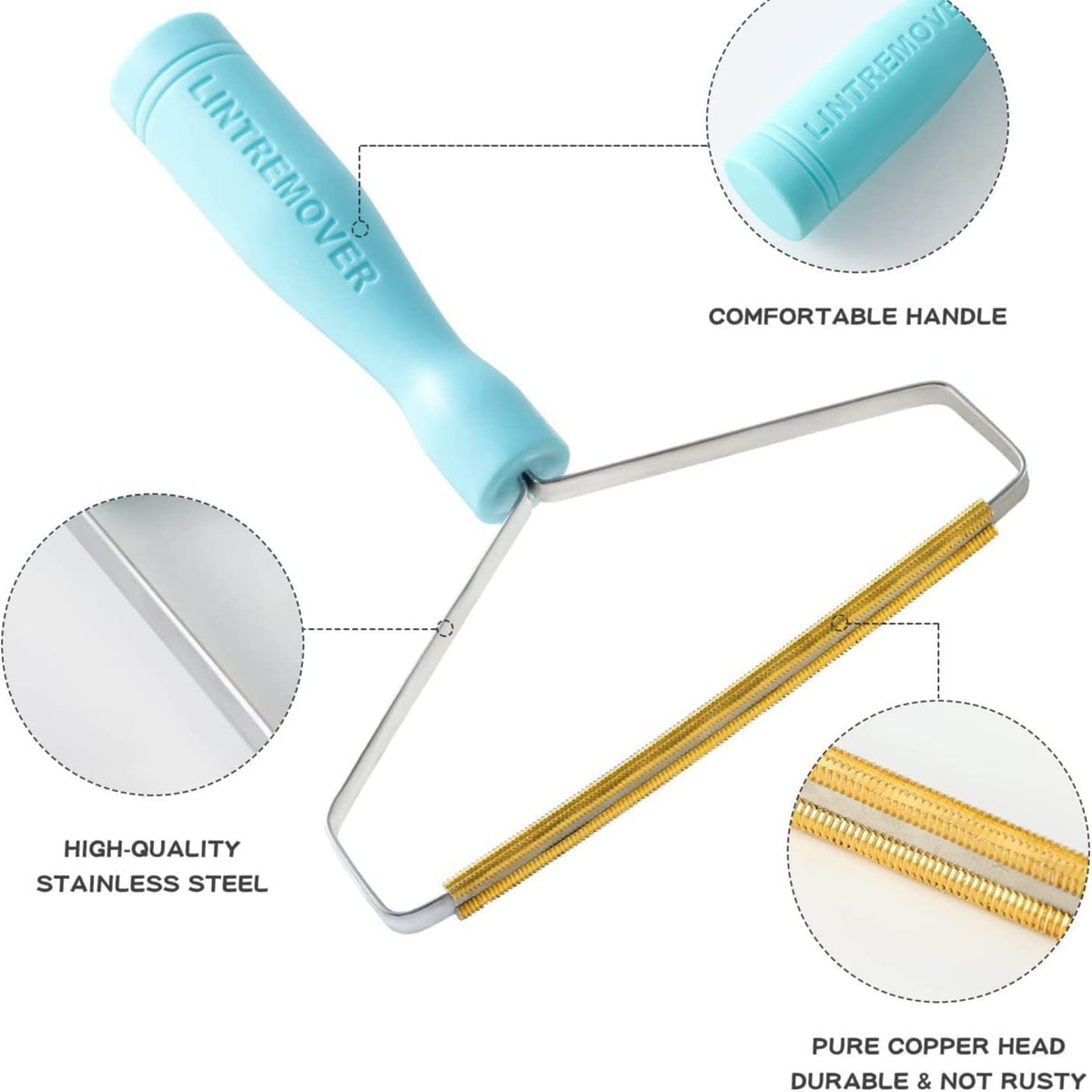 Labelled diagram of the hair remover: comfortable handle, stainless steel frame and copper head