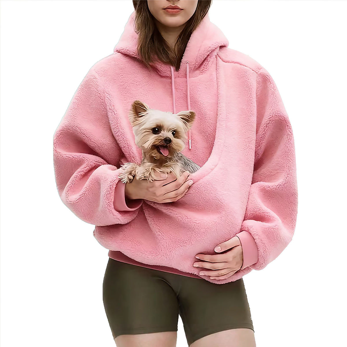Solid Color Hooded Pet Pocket Loose Pullover Sweatshirt for Women in Pink
