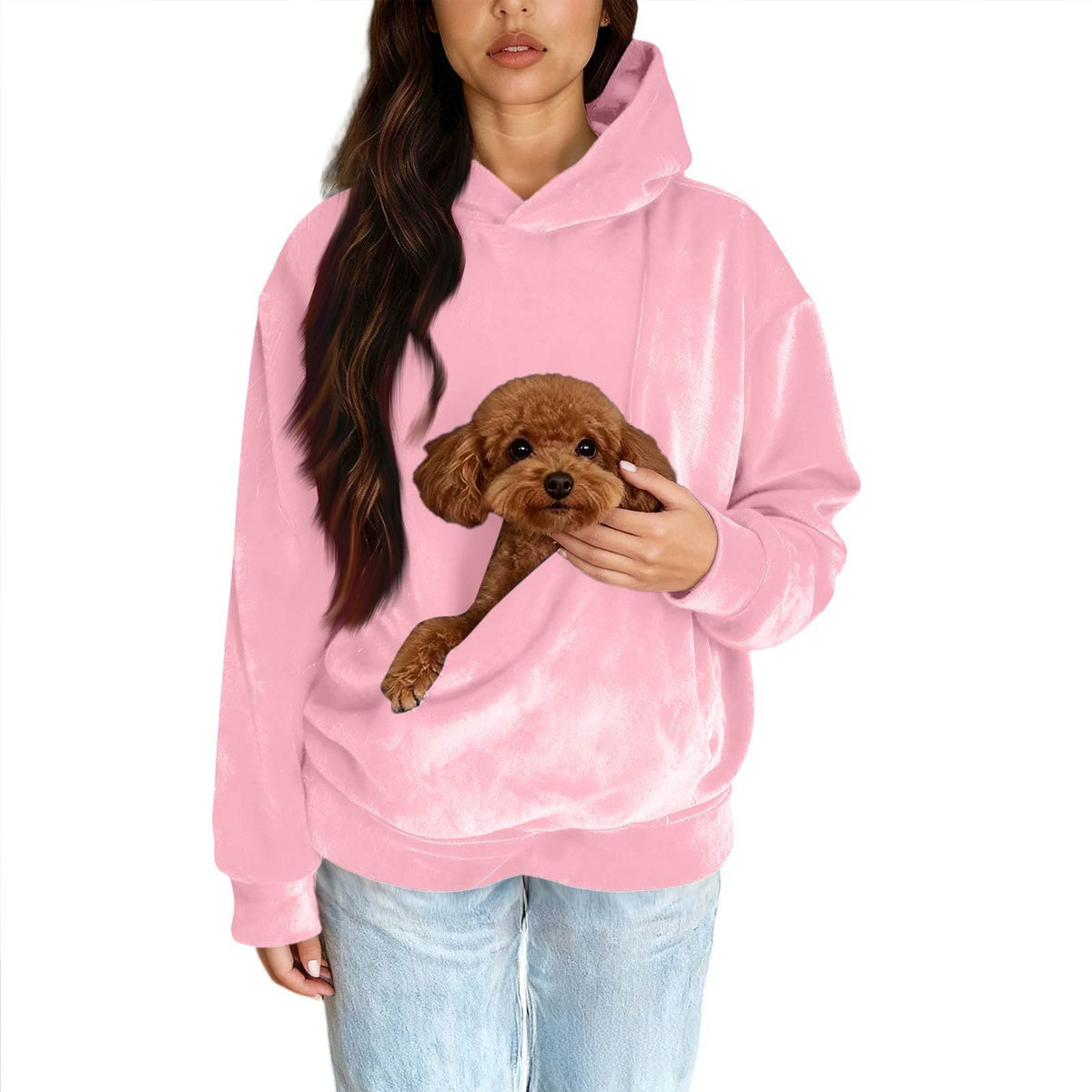 Men Women Pure Color Long Sleeve Hooded Sweatshirt with Pet Pocket in Pink