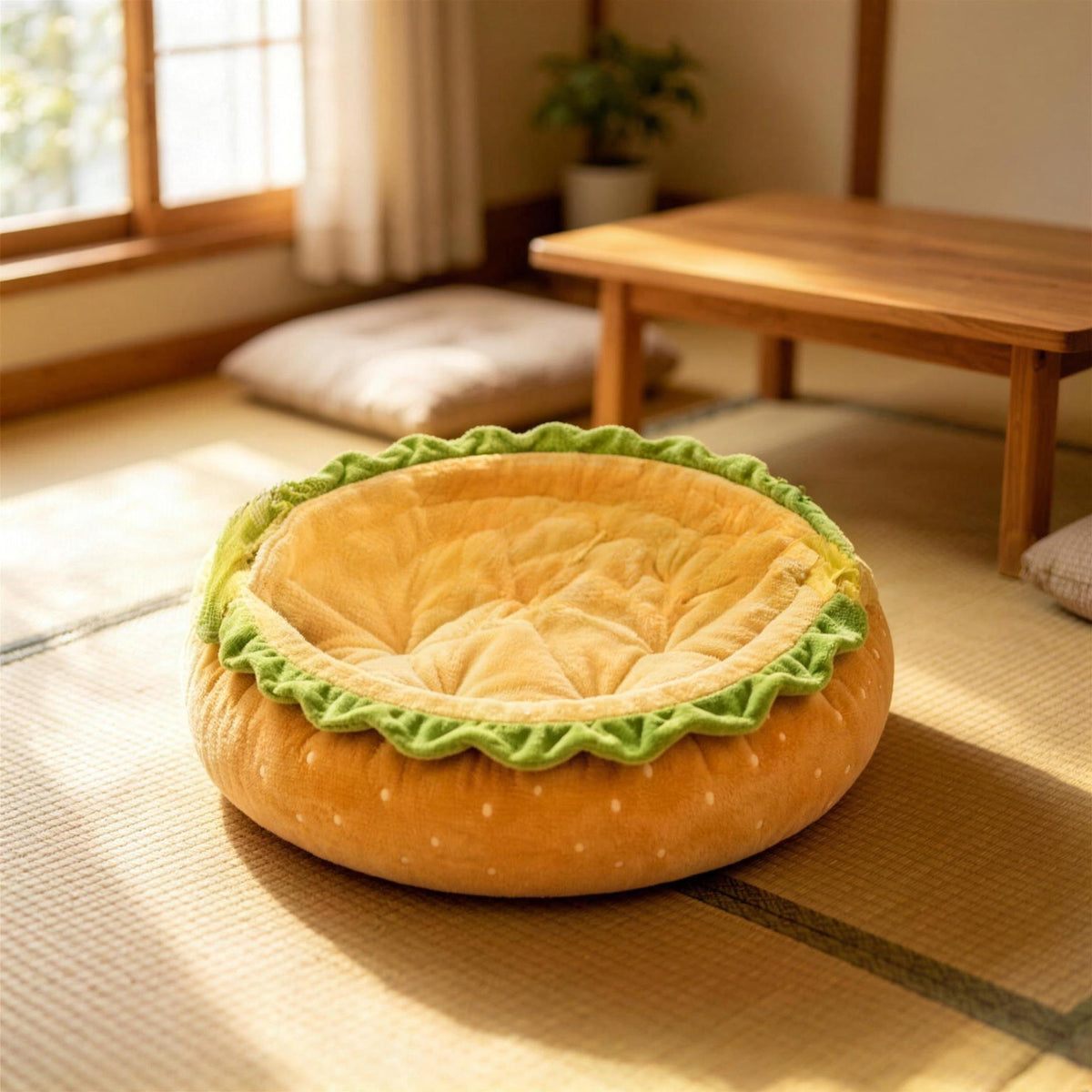 Burger Plush Pet Bed shown in a home setting (view 4)