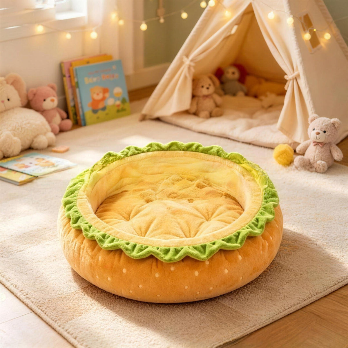 Burger Plush Pet Bed shown in a home setting (view 3)