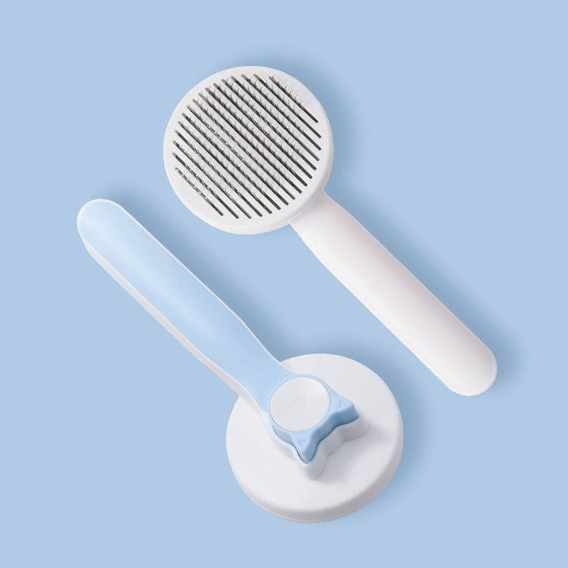 Round Self-Cleaning Slicker Brush with Cat-Ear Button shown in a home setting (view 5)