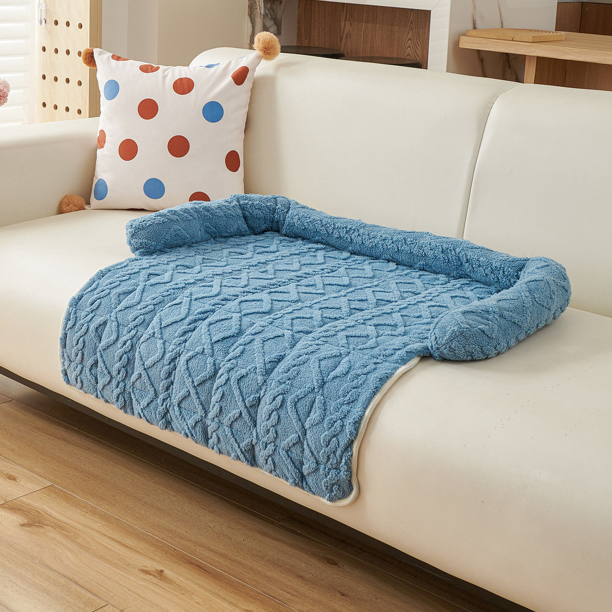 Plush Couch Pet Bed with Bolster — Twist Knit, Blue