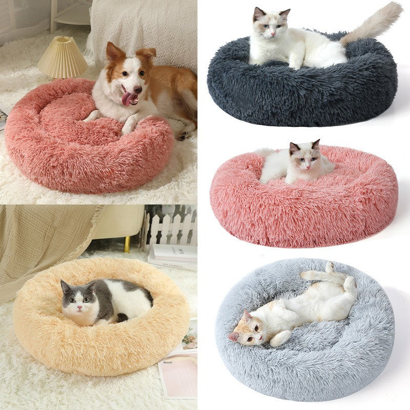 Round Donut Plush Pet Bed shown in a home setting (view 3)