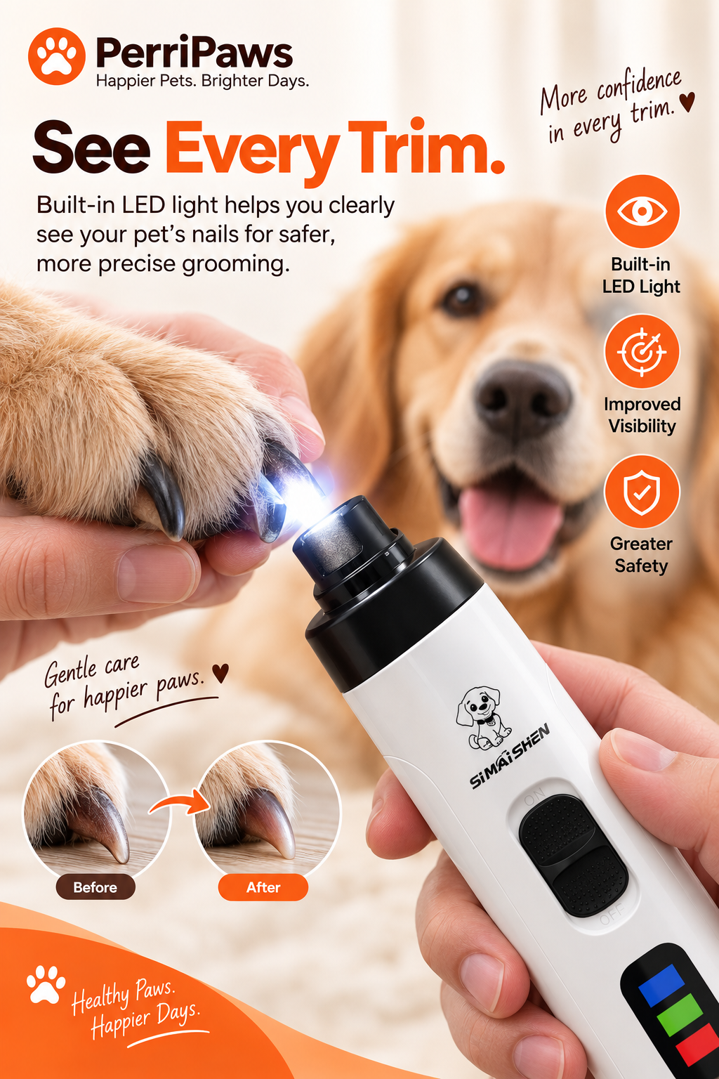 The grinder's LED light illuminating a dog's paw during a trim