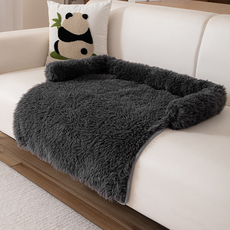 Plush Couch Pet Bed with Bolster — Fluffy Shag, Black