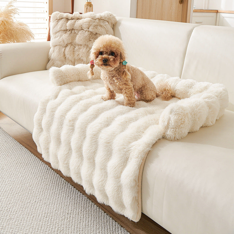 Plush Couch Pet Bed with Bolster — Faux Fur, Off-White