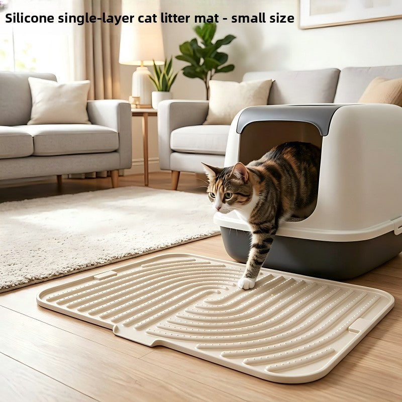Foldable Silicone Cat Litter Mat — Single Layer, Beige, Small