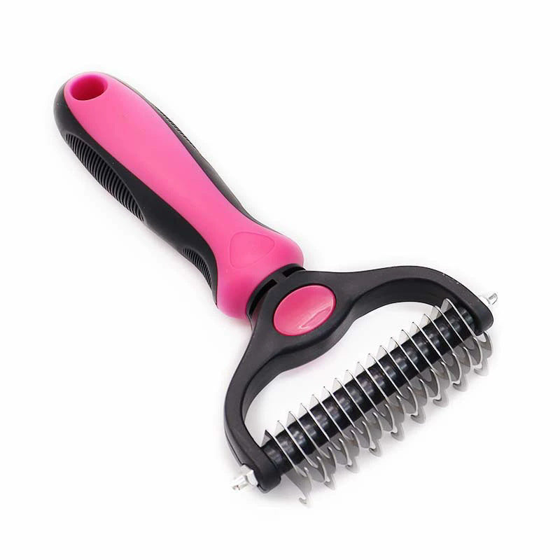 Rose Red dematting comb angled to show the wider-spaced dematting row of teeth
