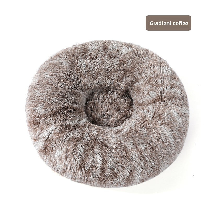 Round Donut Plush Pet Bed in Gradient Coffee