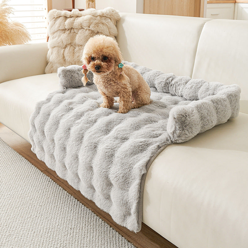 Plush Couch Pet Bed with Bolster — Faux Fur, Light Gray
