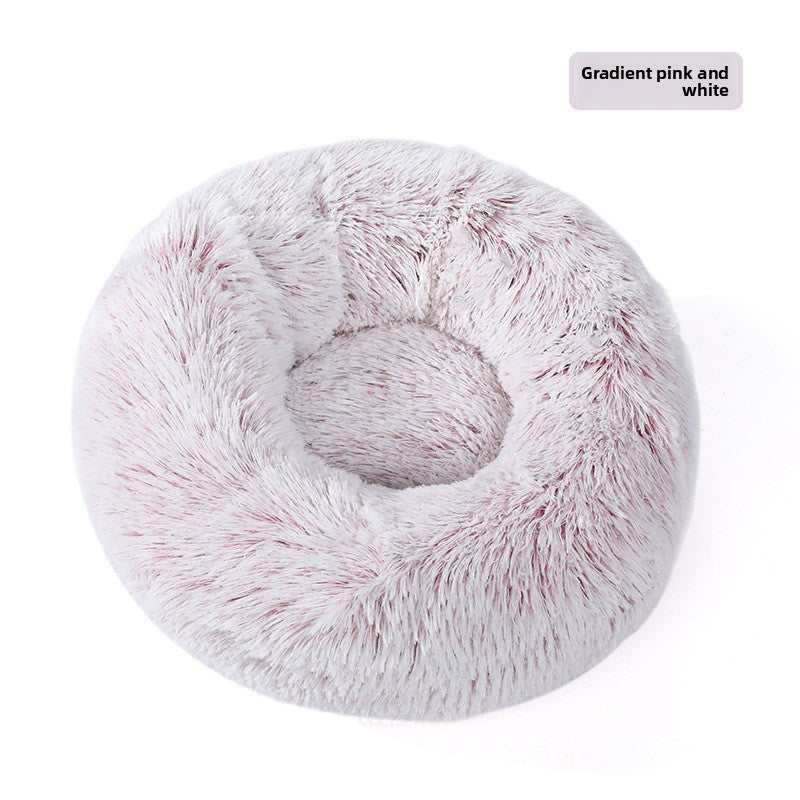Round Donut Plush Pet Bed in Gradient Pink & White