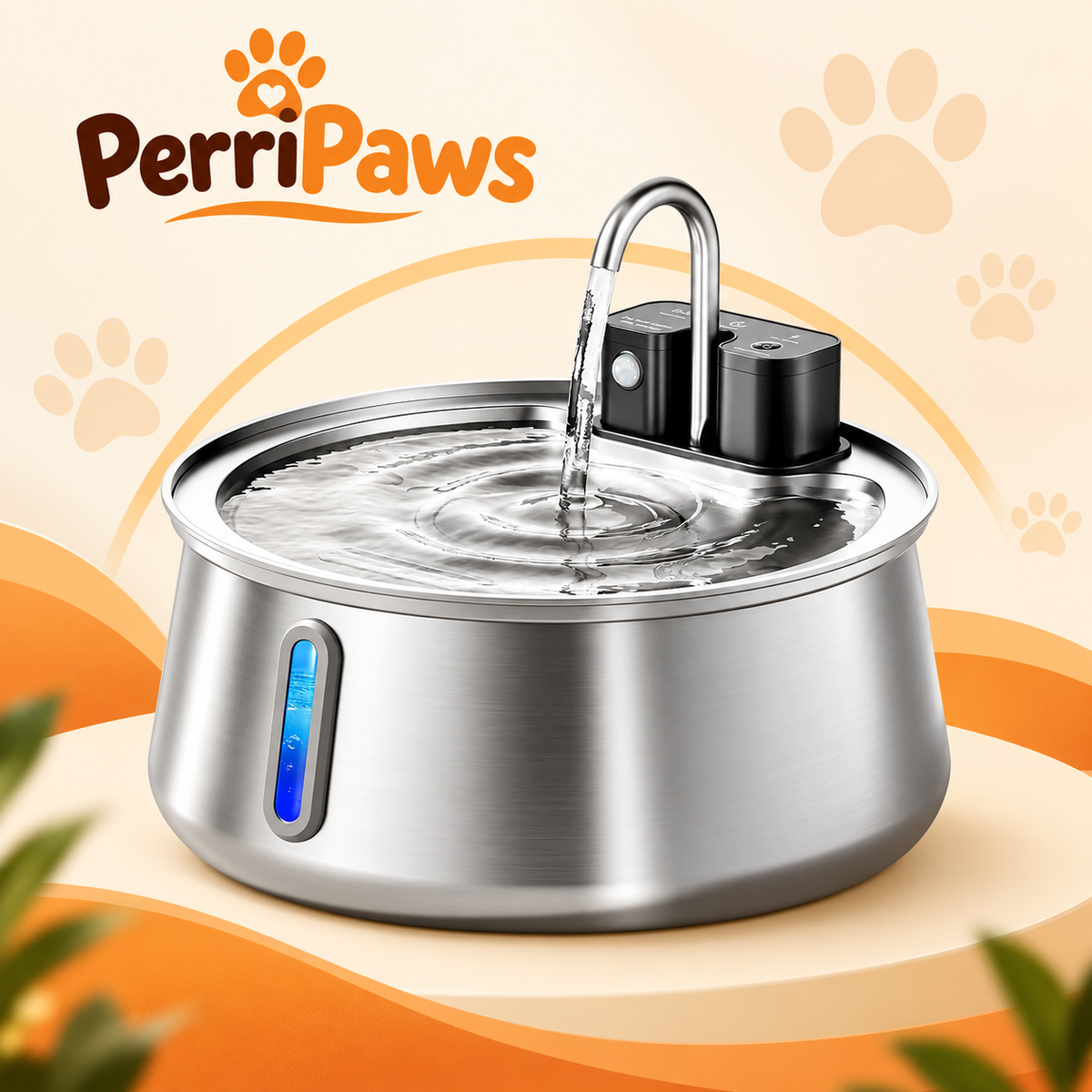 Stainless steel pet water fountain with the faucet spout running