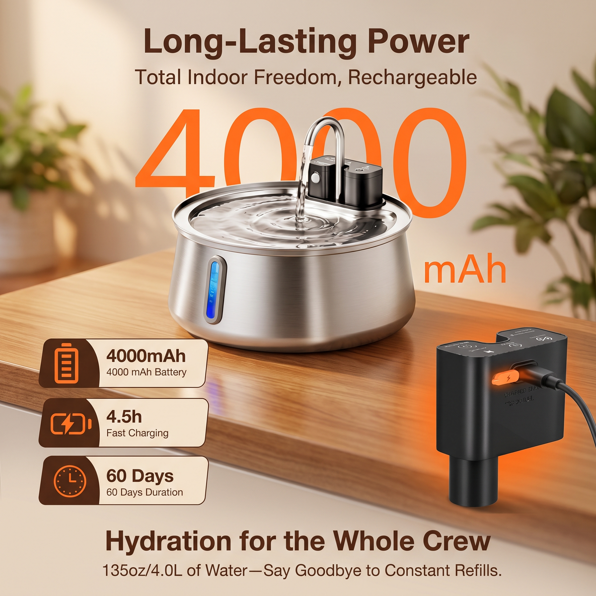 The fountain on a wooden table with its 4000 mAh battery module