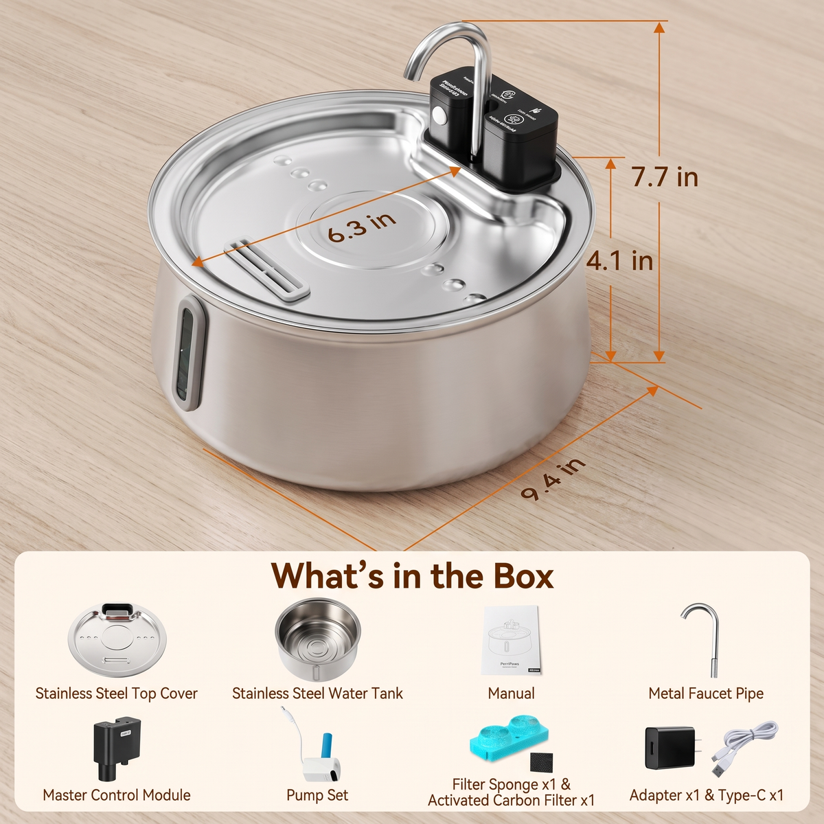 Fountain dimensions of 6.3 inches across and 7.7 inches tall, with the box contents listed