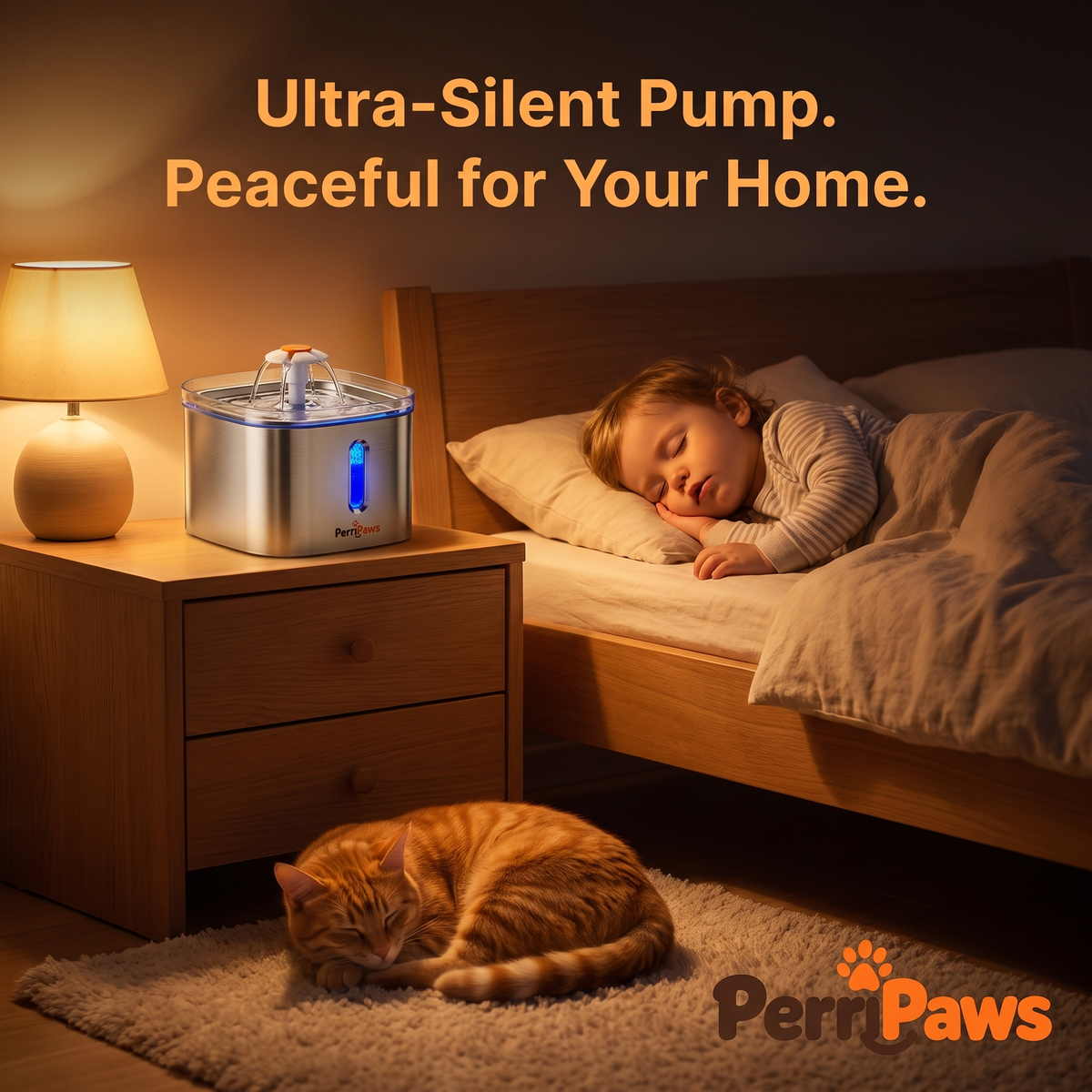 The fountain lit at night beside a sleeping child and a ginger cat