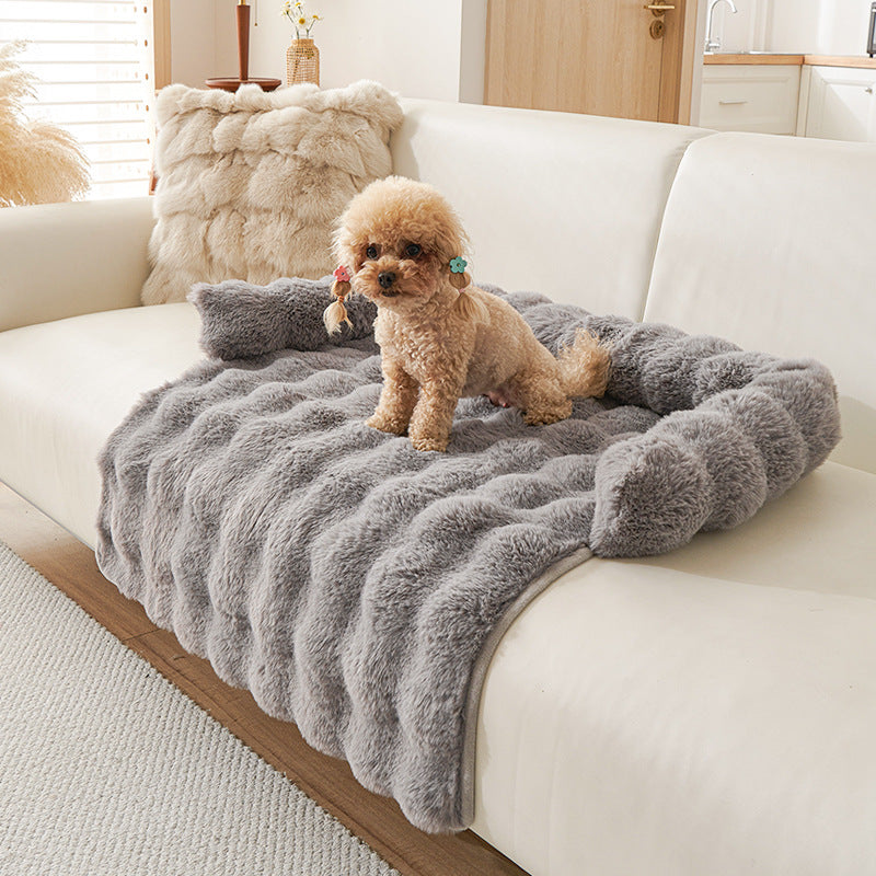 Plush Couch Pet Bed with Bolster — Faux Fur, Dark Gray
