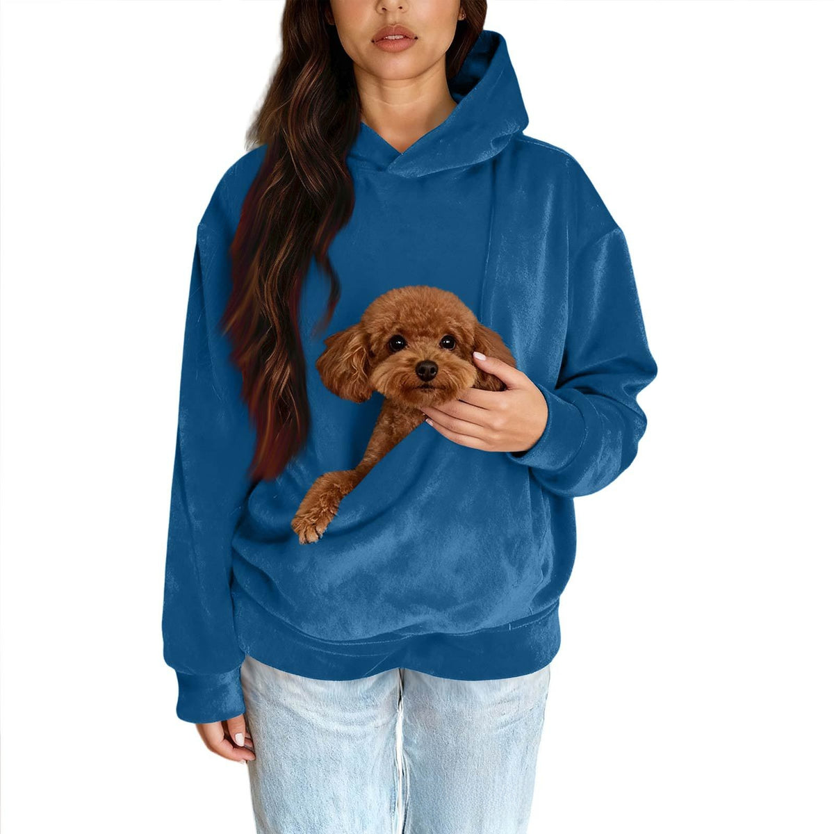 Men Women Pure Color Long Sleeve Hooded Sweatshirt with Pet Pocket in Blue
