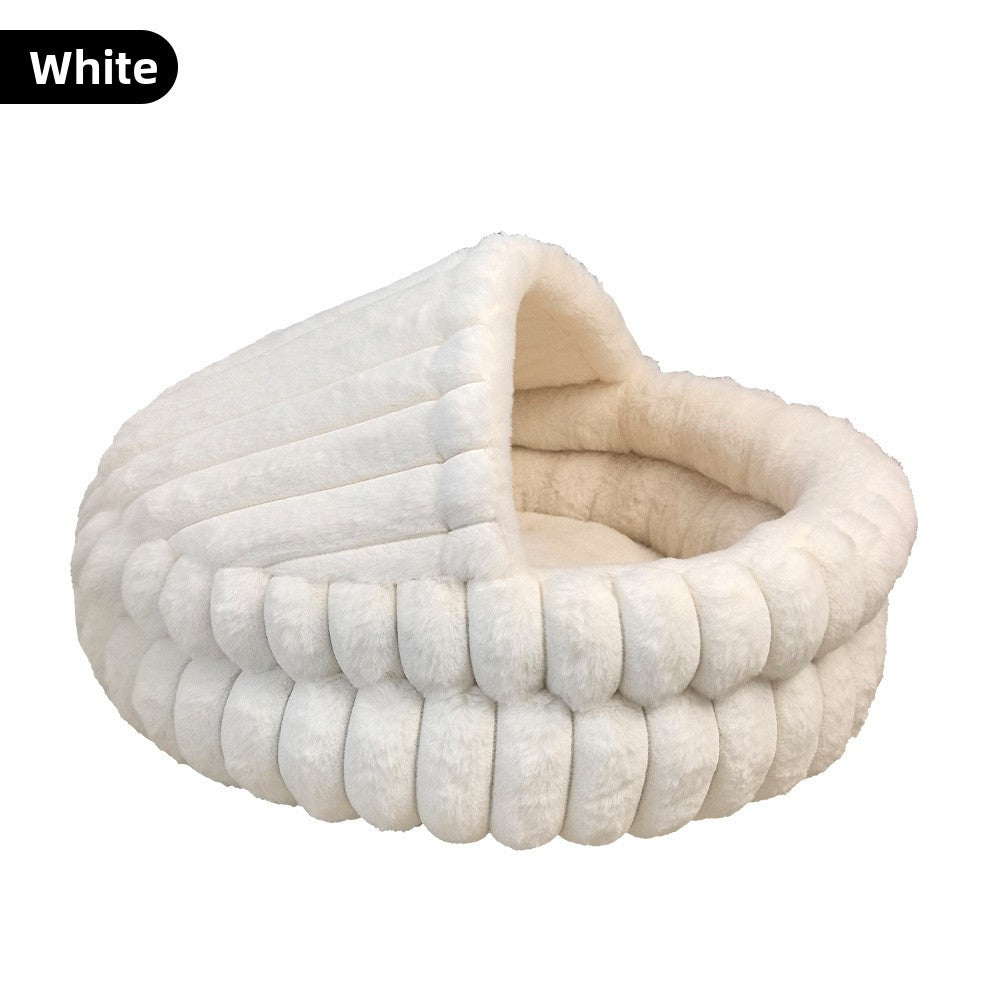 Hooded Plush Cat Cave Bed in White