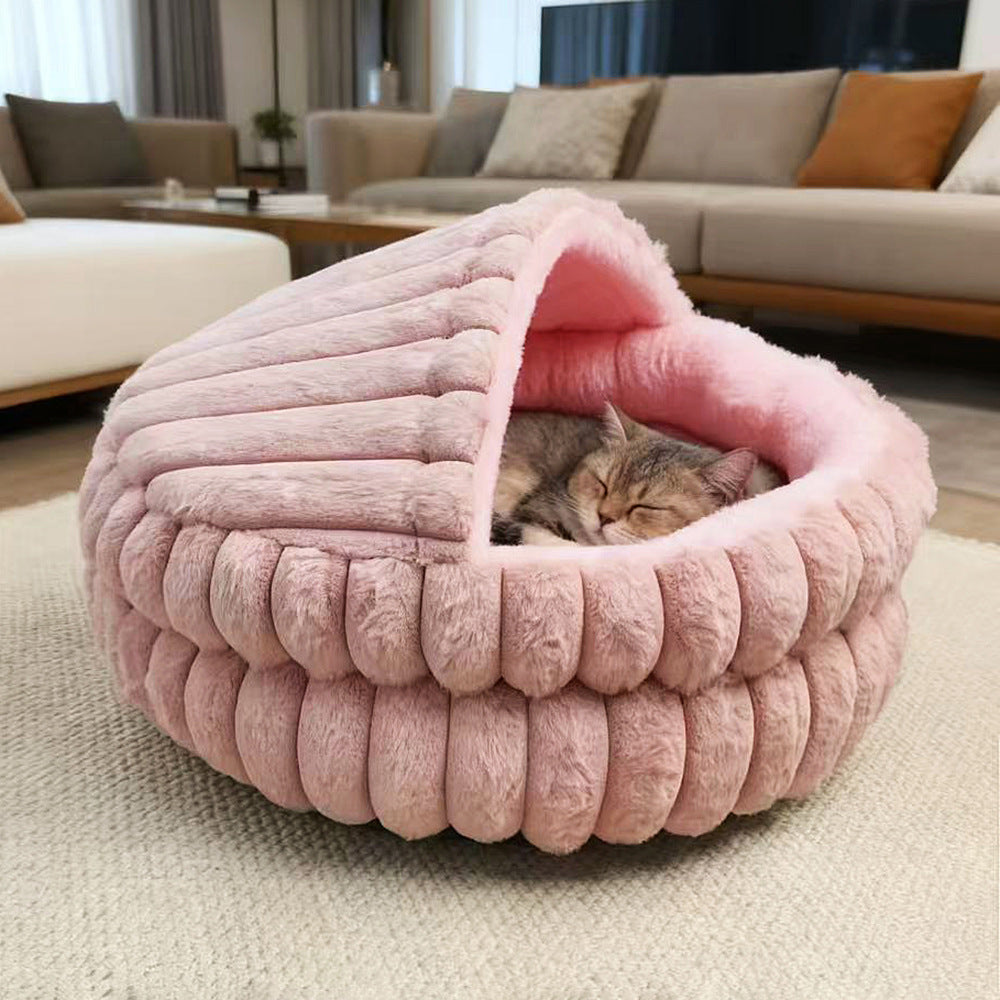 Hooded Plush Cat Cave Bed shown in a home setting (view 3)