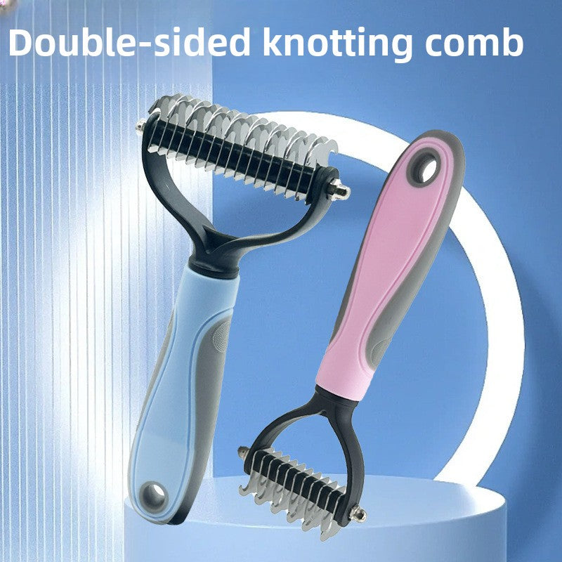 Banner reading double-sided knotting comb, with the comb shown on a pedestal