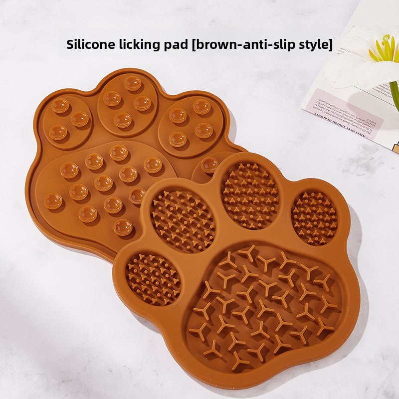 Paw-Shaped Silicone Lick Mat for Dogs & Cats — Brown, Suction Cup Base