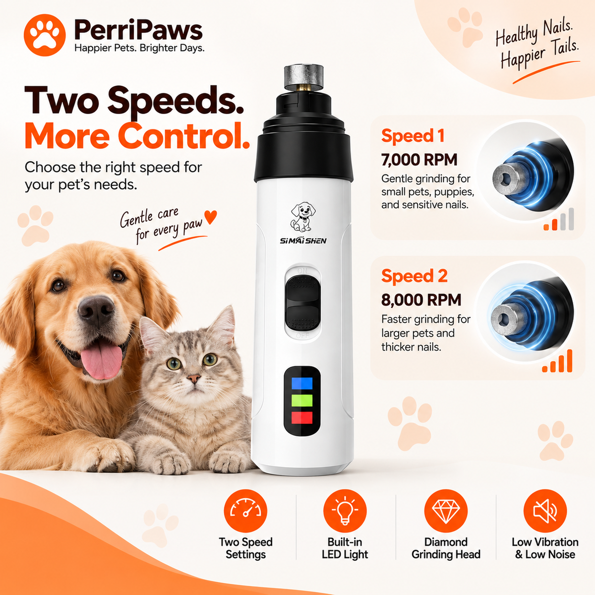 White nail grinder with a golden retriever and a cat, showing its 7,000 and 8,000 rpm speeds