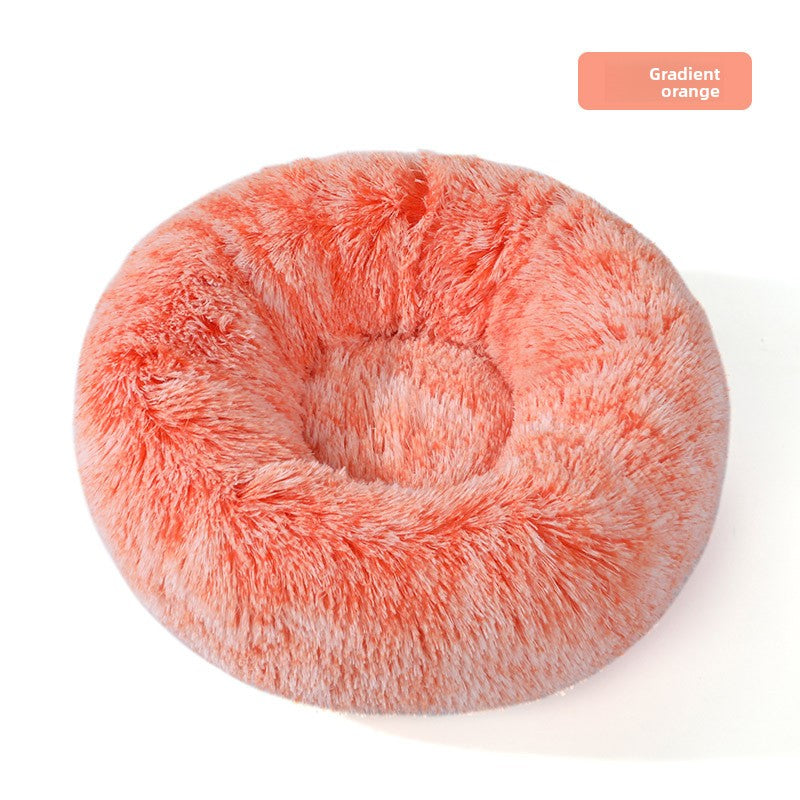 Round Donut Plush Pet Bed in Gradient Orange