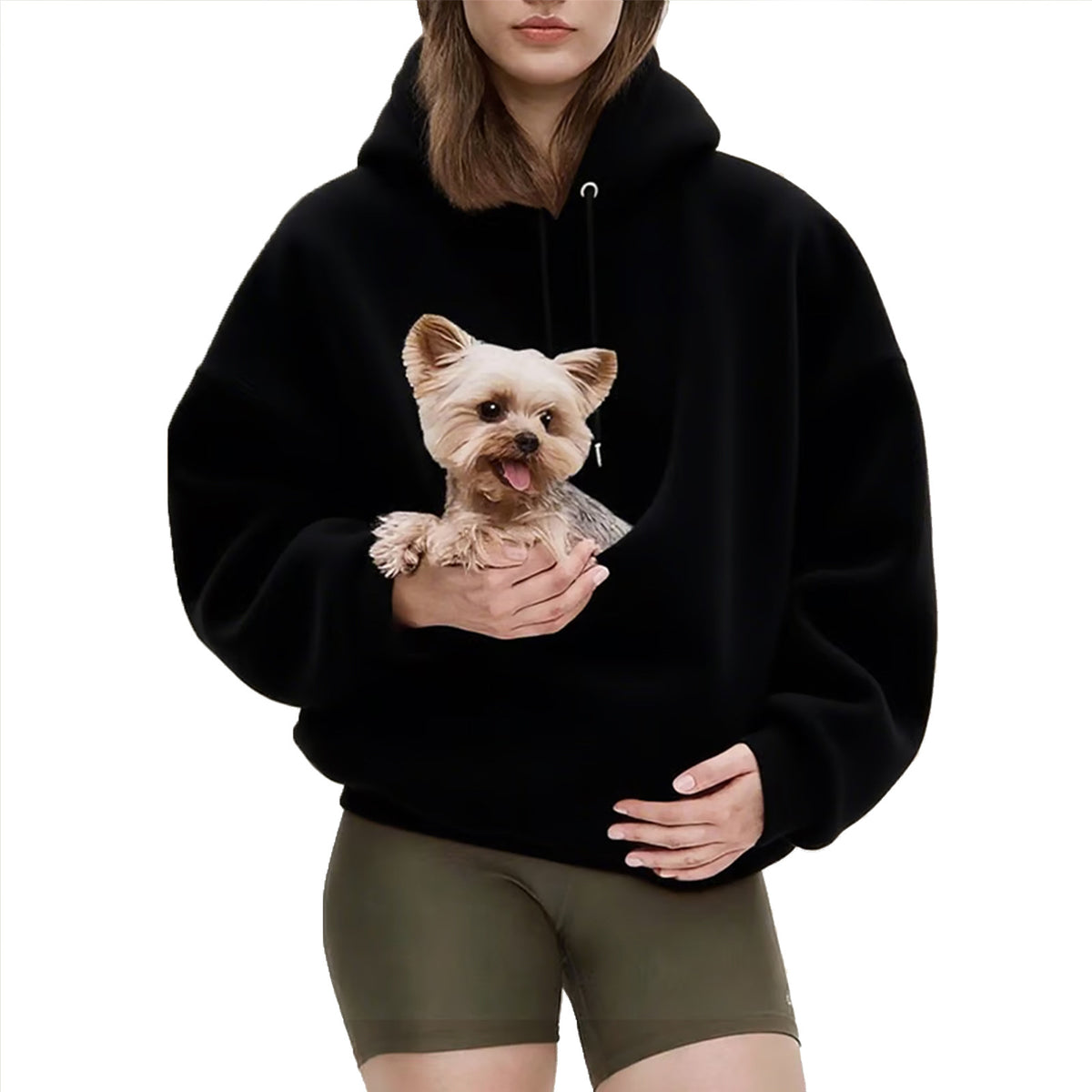 Solid Color Hooded Pet Pocket Loose Pullover Sweatshirt for Women in Black
