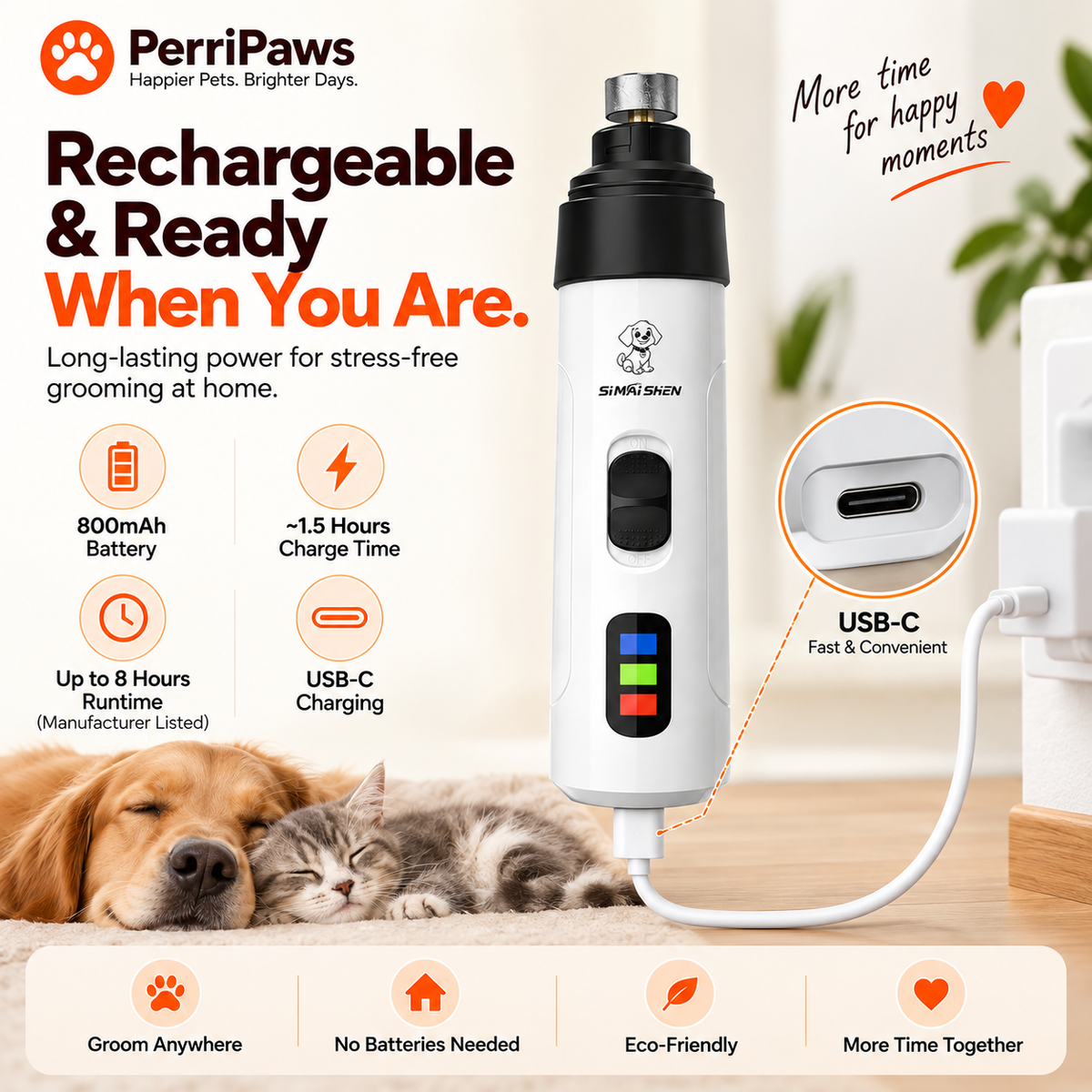 The nail grinder charging by USB-C beside a sleeping cat and dog