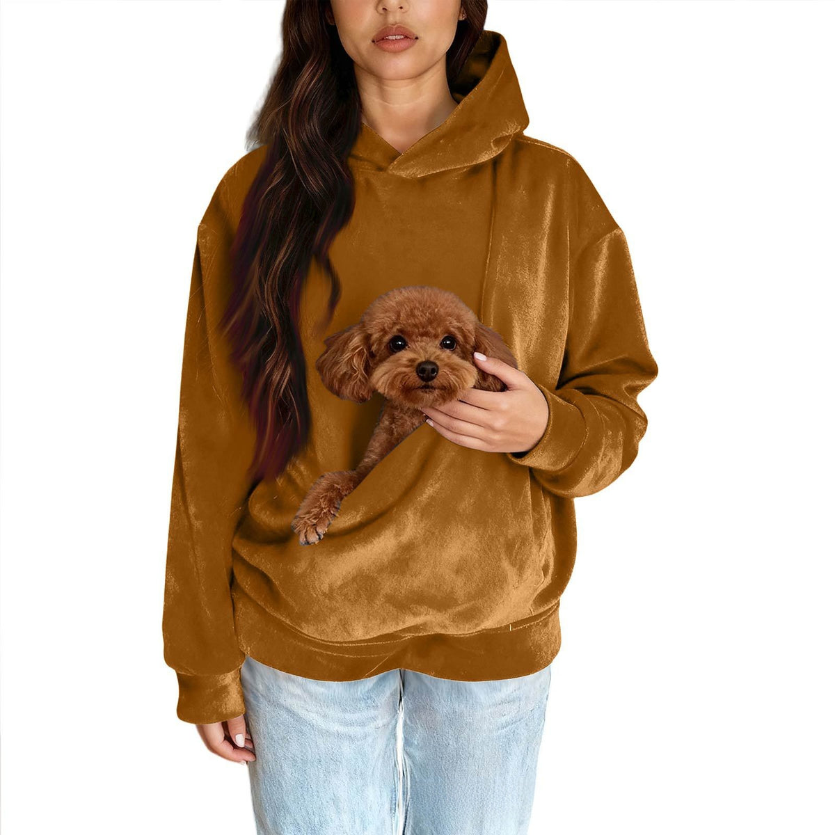 Men Women Pure Color Long Sleeve Hooded Sweatshirt with Pet Pocket in Earthy yellow