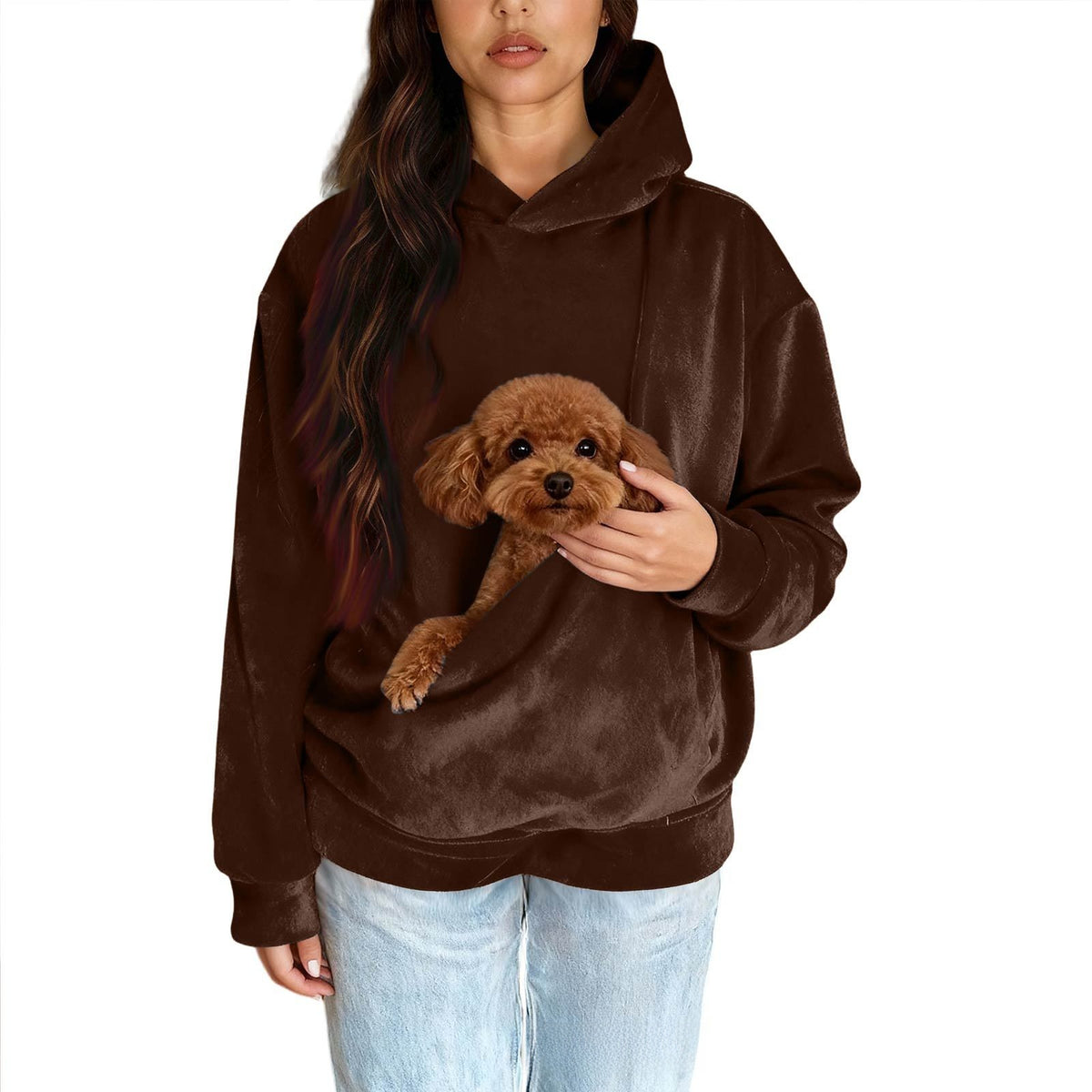Men Women Pure Color Long Sleeve Hooded Sweatshirt with Pet Pocket in Brown
