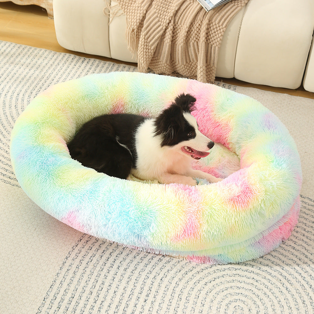 Washable Oval Donut Pet Bed in Tie-Dye Rainbow